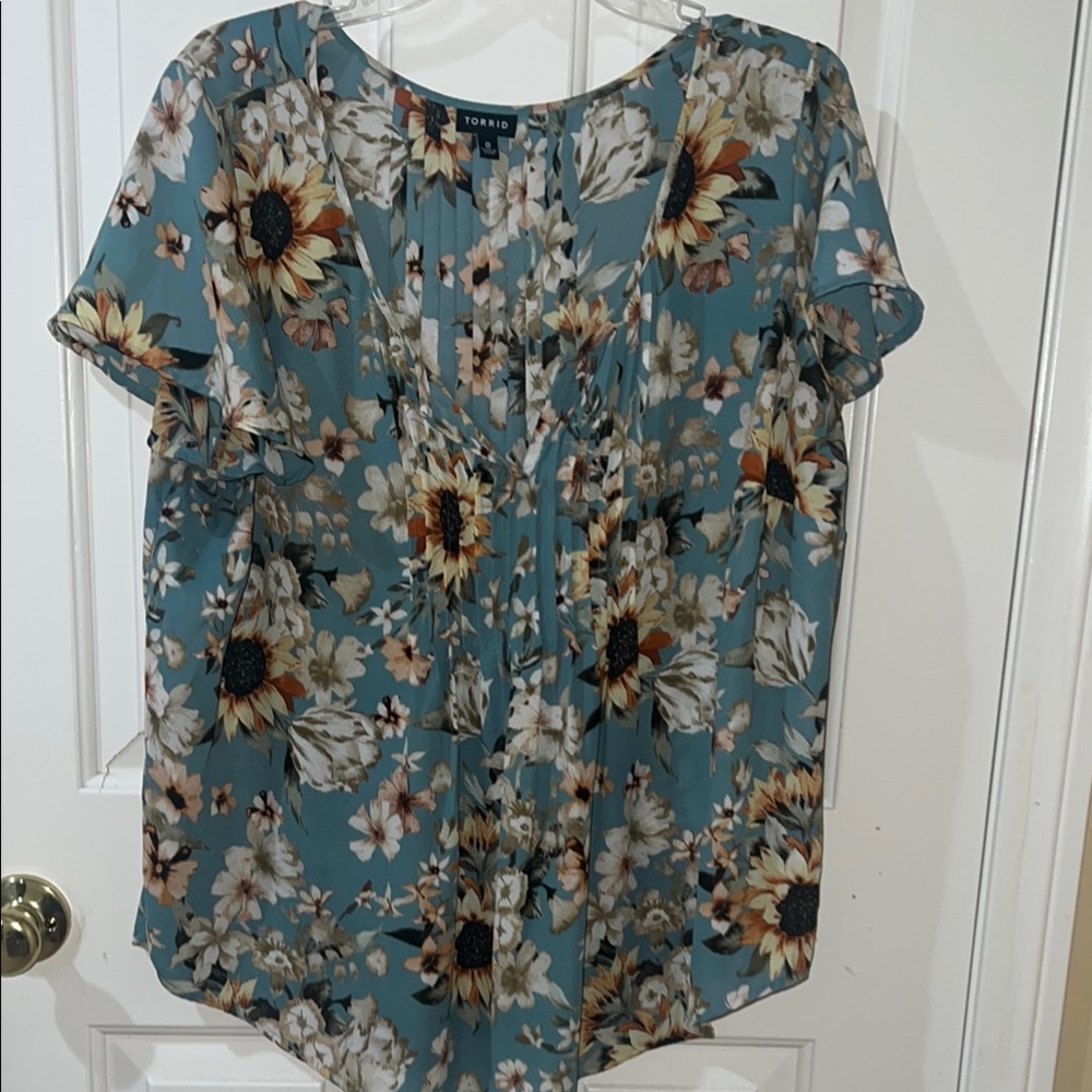 Torrid Blue and Brown Buttoned Bib Collar Blouse